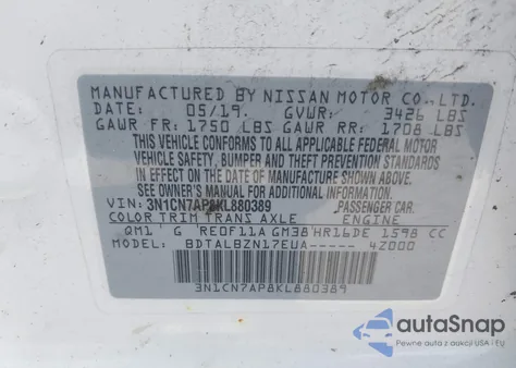 2019 Nissan Versa 1.6 Sv from USA, damaged, VIN 3N1CN7AP8KL880389